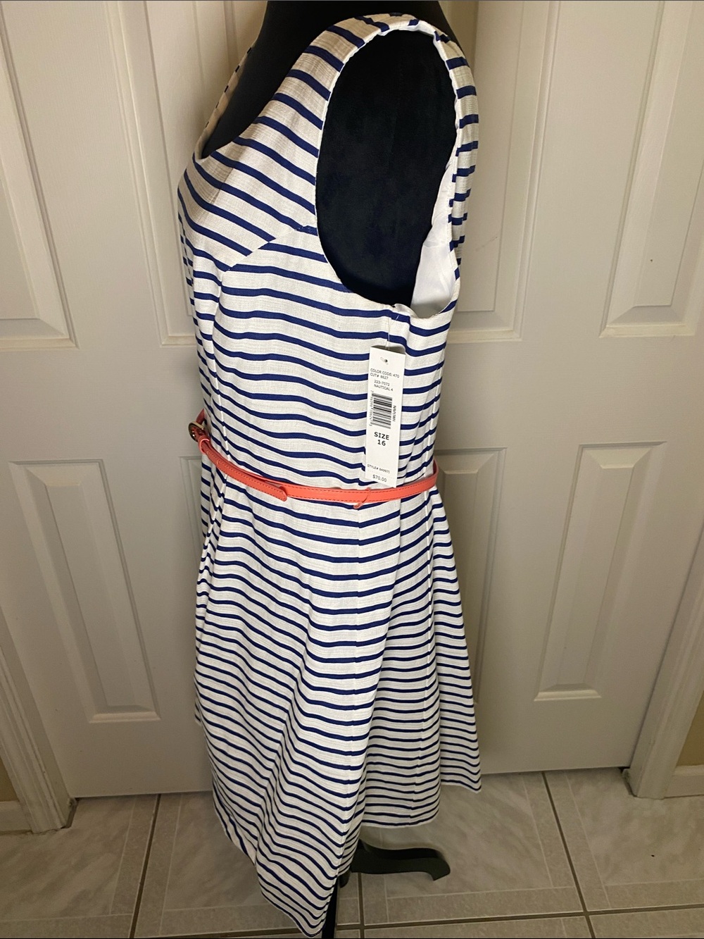 Tiana B. Navy and White Striped Sleeveless Midi Dress with Coral Belt size 16 - Picture 2 of 9